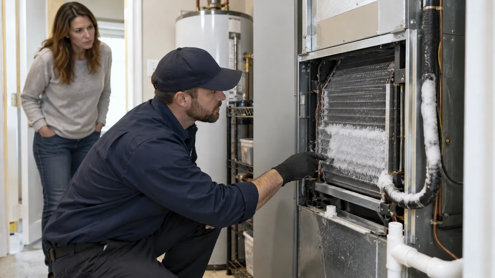 HVAC technician pointing at ice buildup on a frozen evaporator coil while a homeowner watches