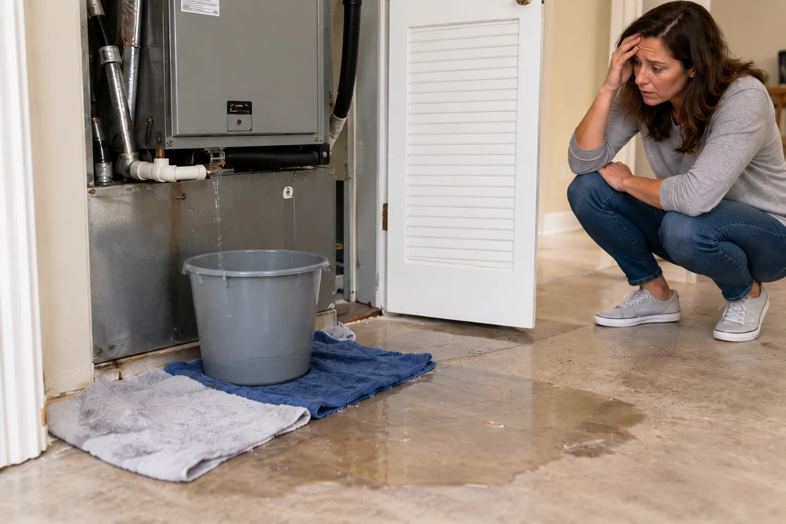 Homeowner catching dripping water from an indoor AC unit in a bucket with towels on the floor