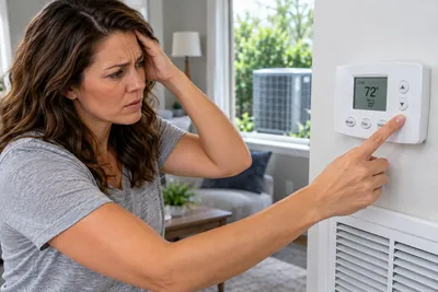 Homeowner holding a dirty clogged air filter removed from a home HVAC system