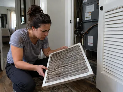 Homeowner adjusting a thermostat set to 72 degrees Cool with an outdoor condenser visible through the window
