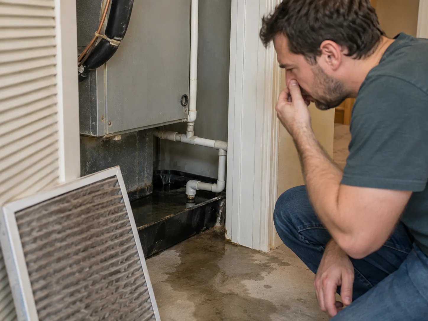Homeowner smelling the air near an indoor AC unit with a dirty filter removed and water in the drain pan