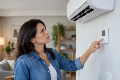 Homeowner pressing buttons on a wall thermostat below a ductless mini-split indoor unit
