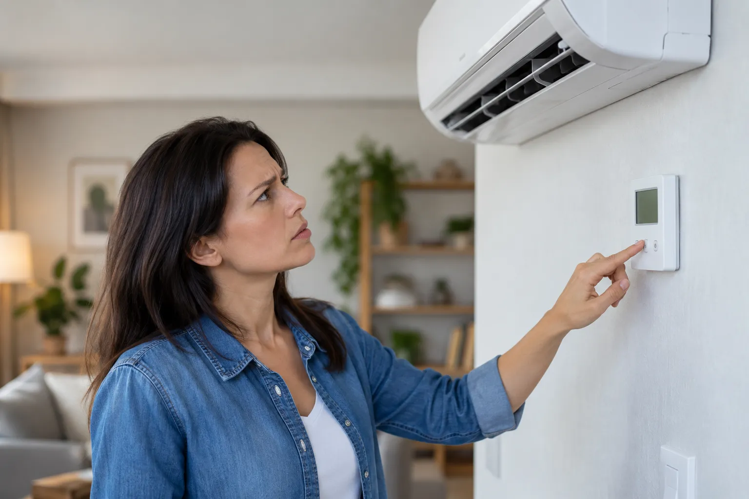 Homeowner pressing buttons on a wall thermostat below a ductless mini-split indoor unit