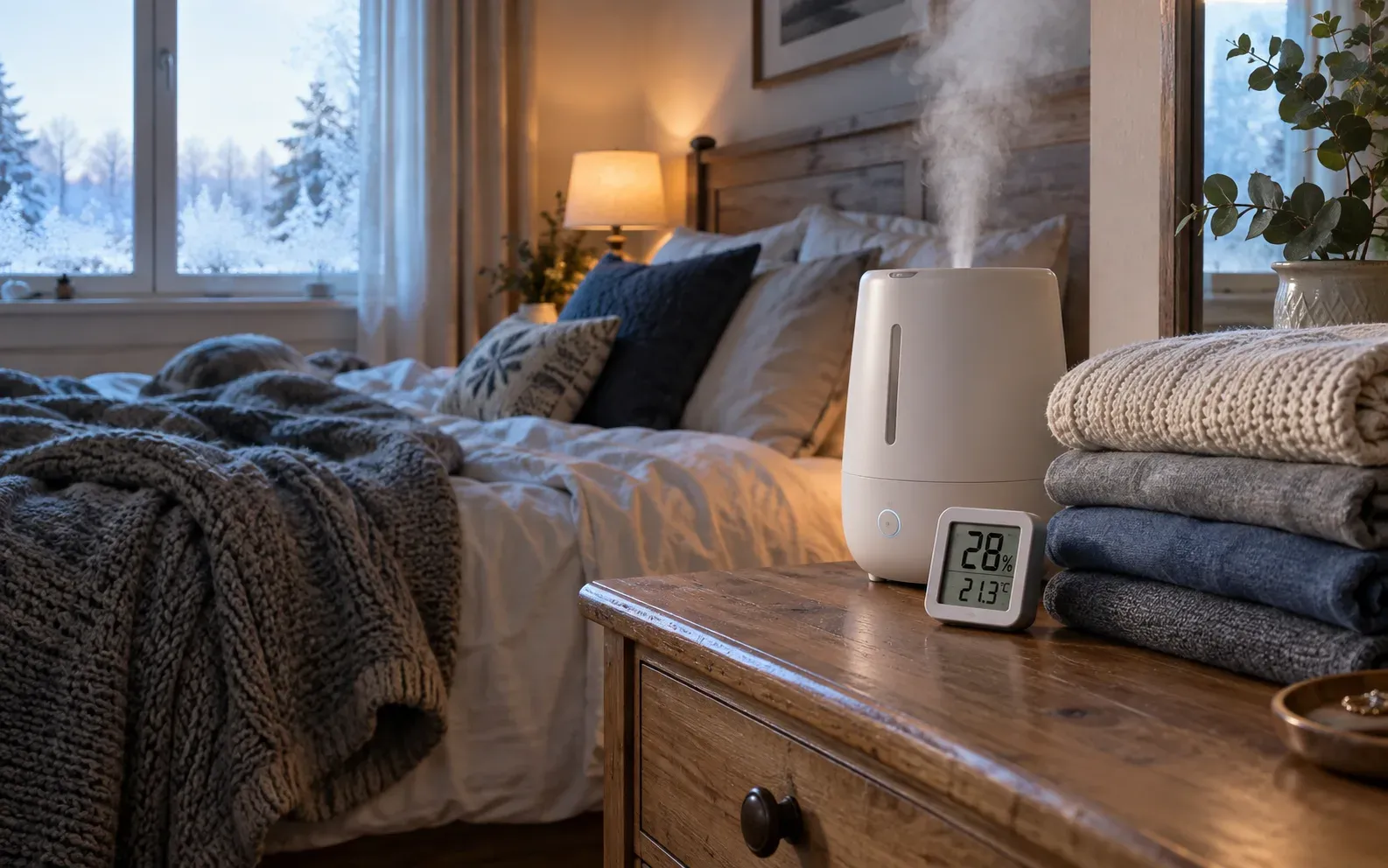 Bedside humidifier releasing cool mist next to a hygrometer showing low humidity in a snowy winter bedroom