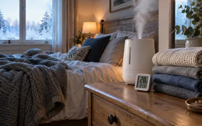 Bedside humidifier releasing cool mist next to a hygrometer showing low humidity in a snowy winter bedroom