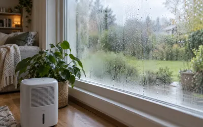 Condensation covering the inside of a living-room window, with a portable dehumidifier and a houseplant nearby