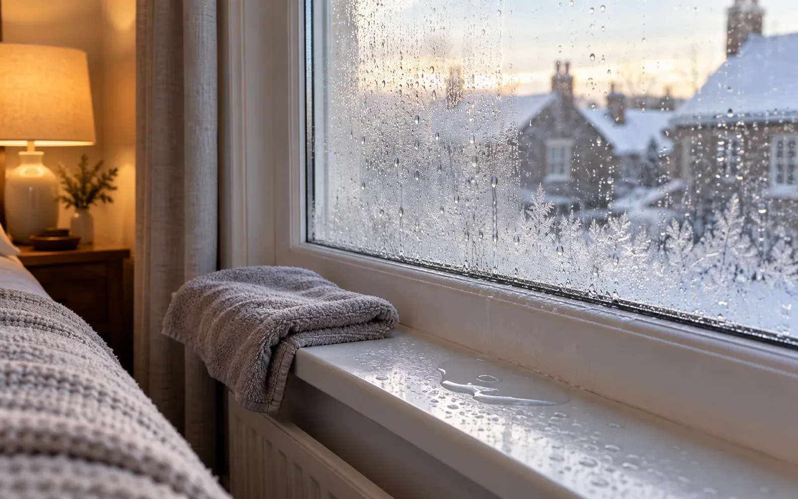 Water droplets covering the inside of a bedroom window on a winter morning, with a damp sill and folded towel nearby