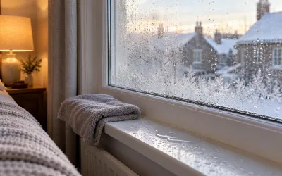 Water droplets covering the inside of a bedroom window on a winter morning, with a damp sill and folded towel nearby